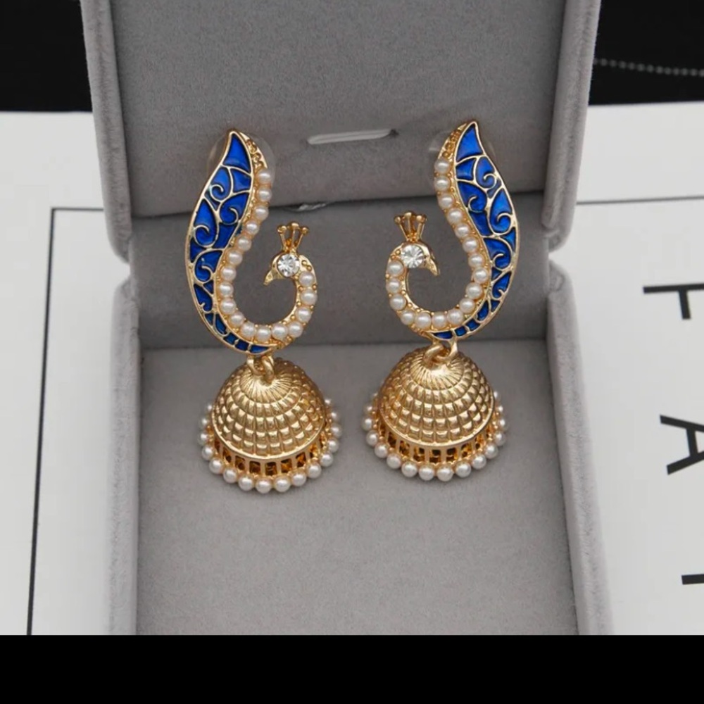 "Peacock Jhumkas" Royal Blue Pearl Adorned Regal Indian Bell Bowl
Dangles